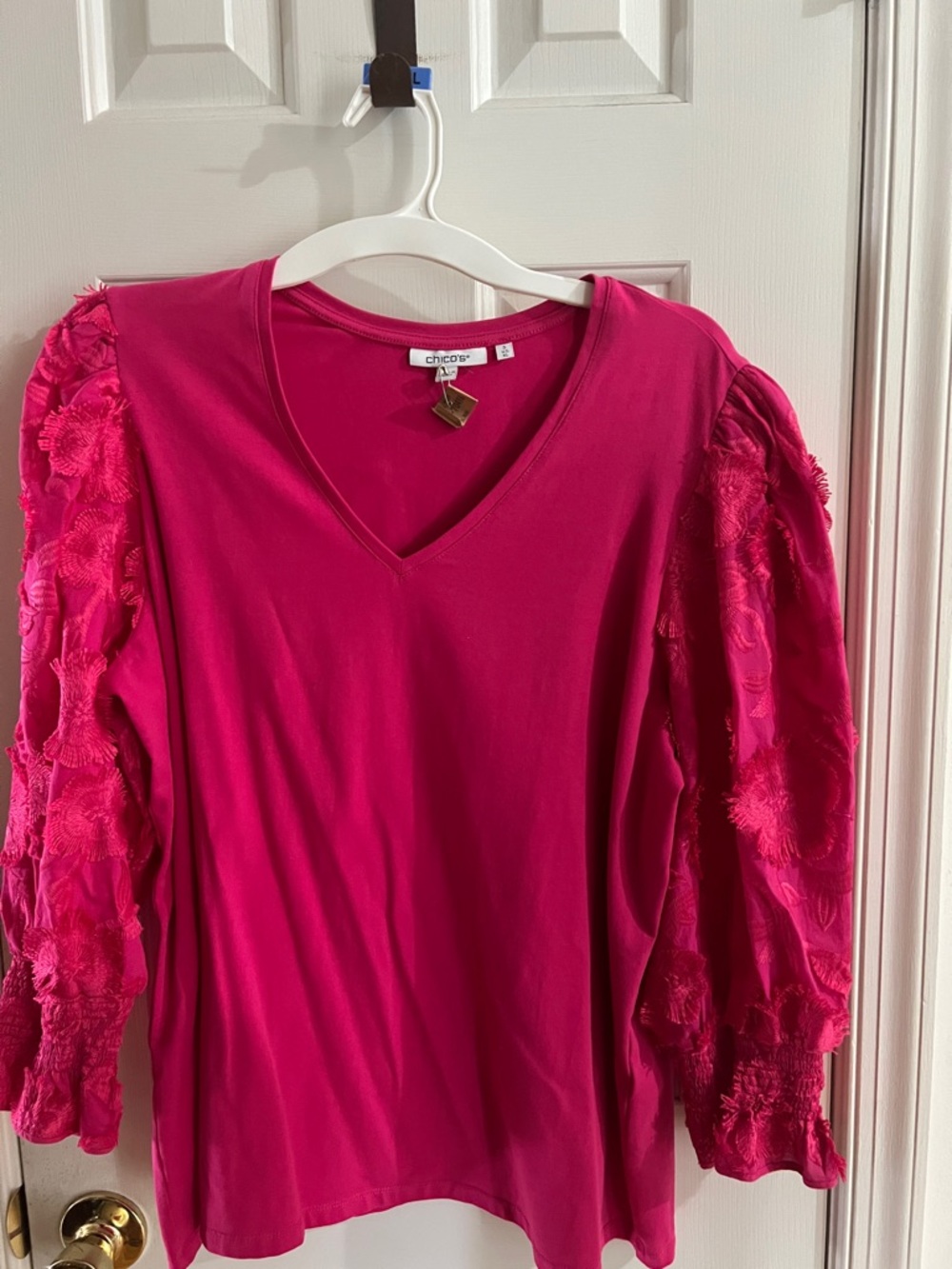Chico's Fuchsia V-Neck Top with Textured Puff Sleeves